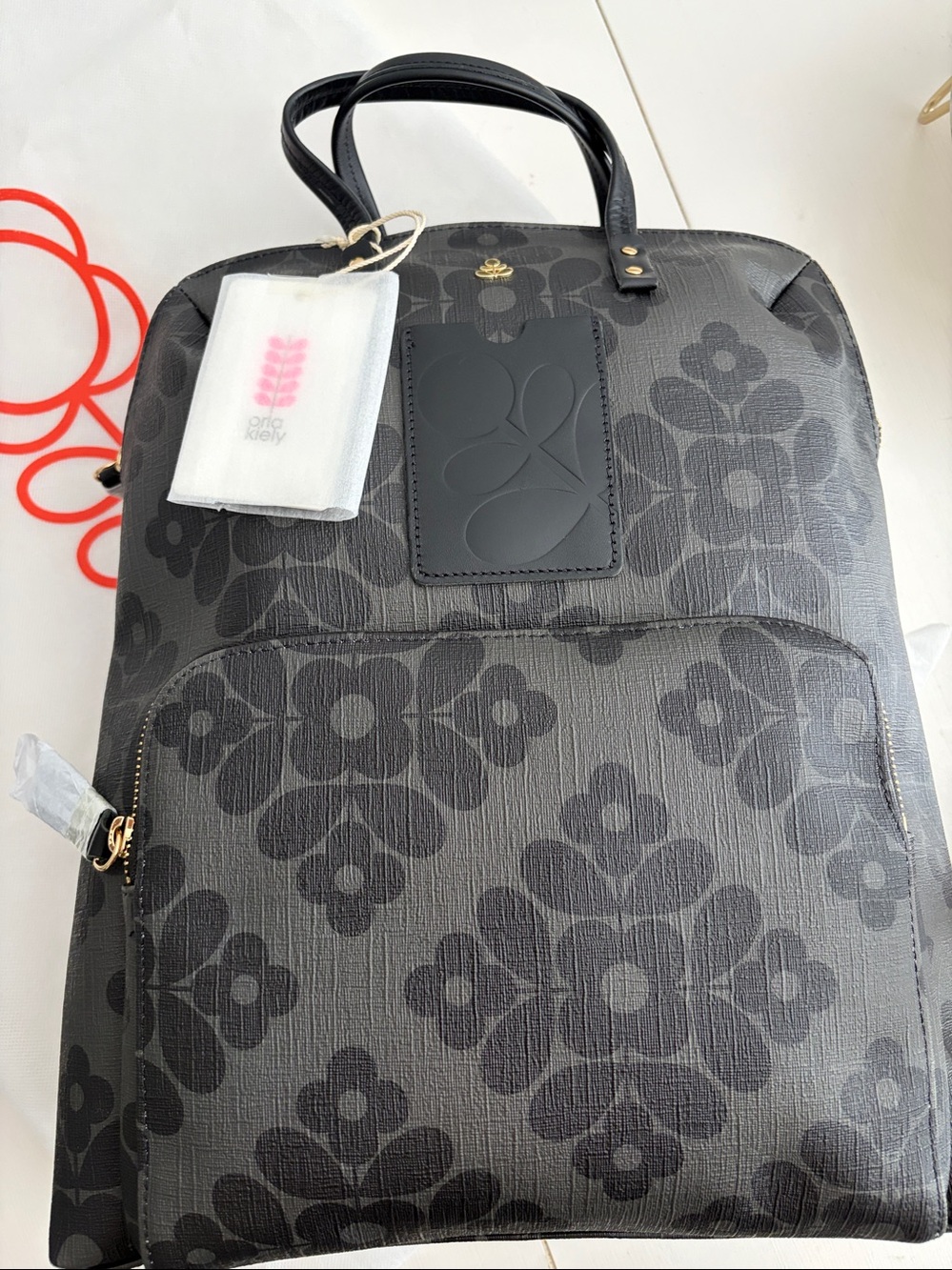 Orla Kiely Black and Gray Floral Zip-Top Backpack